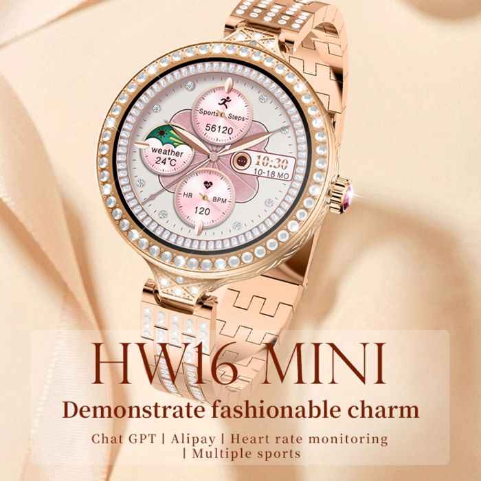 HW16 MINI LUXURY WOMEN ROSE GOLD SMART WATCH 1.35 INCH BT CALL WITH WEARFIT PRO APP